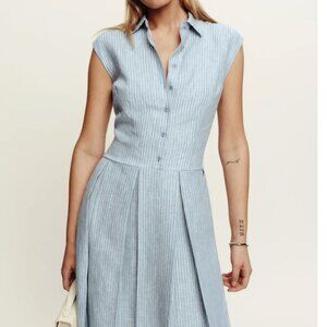 NEW Reformation Prim Linen Midi Dress Sz8 Cornflower Stripe